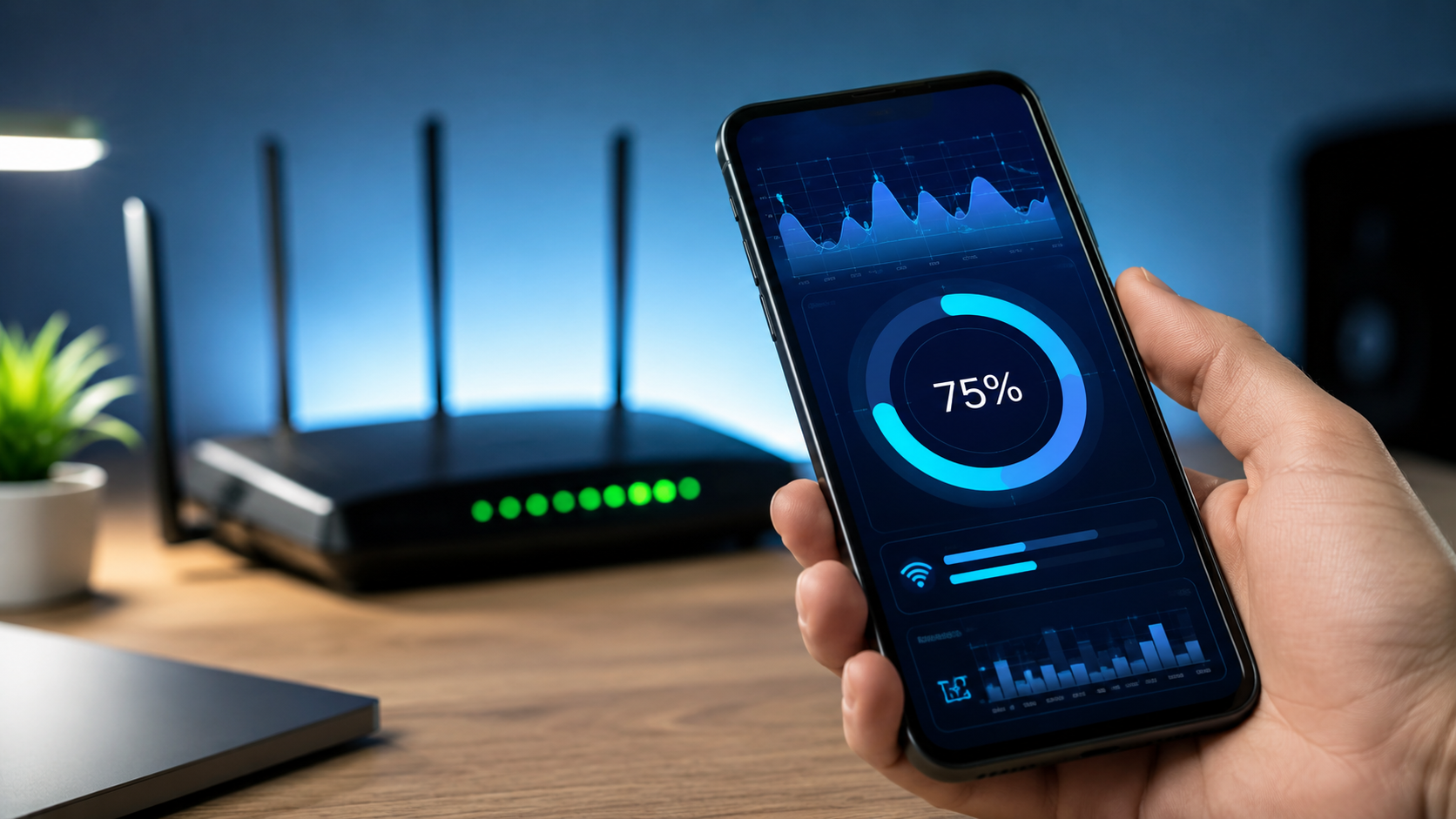 شخص يمسك هاتفاً ذكياً يعرض تطبيق شركة اتصالات لمعرفة رصيد الإنترنت ADSL المنزلي بجوار جهاز راوتر مضيء.