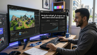 واجهة محرك UEFN أثناء تصميم ماب فورتنايت احترافي لعام 2026