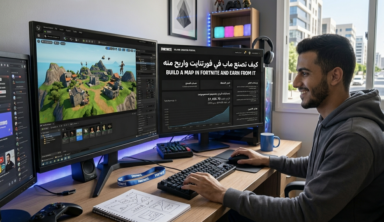 واجهة محرك UEFN أثناء تصميم ماب فورتنايت احترافي لعام 2026