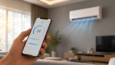 هاتف ذكي حديث يظهر شاشة تحكم رقمية بدرجات الحرارة أمام مكيف هواء جداري أنيق في غرفة معيشة عصرية