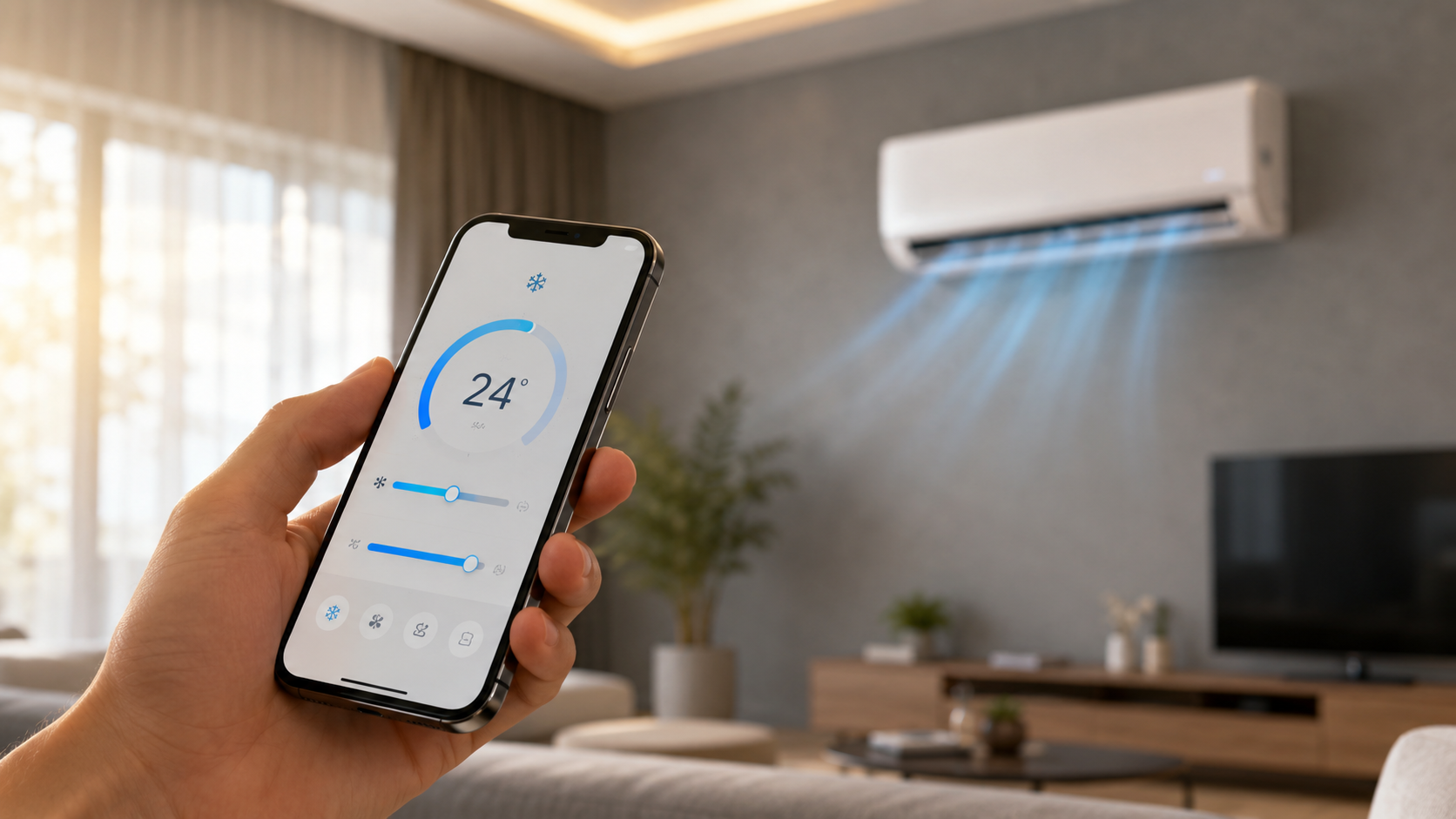 هاتف ذكي حديث يظهر شاشة تحكم رقمية بدرجات الحرارة أمام مكيف هواء جداري أنيق في غرفة معيشة عصرية