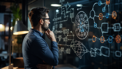 شخص يفكر بتركيز أمام سبورة ذكية تحتوي على مخططات انسيابية متداخلة تمثل استراتيجية حل المشكلات بأسلوب منظم