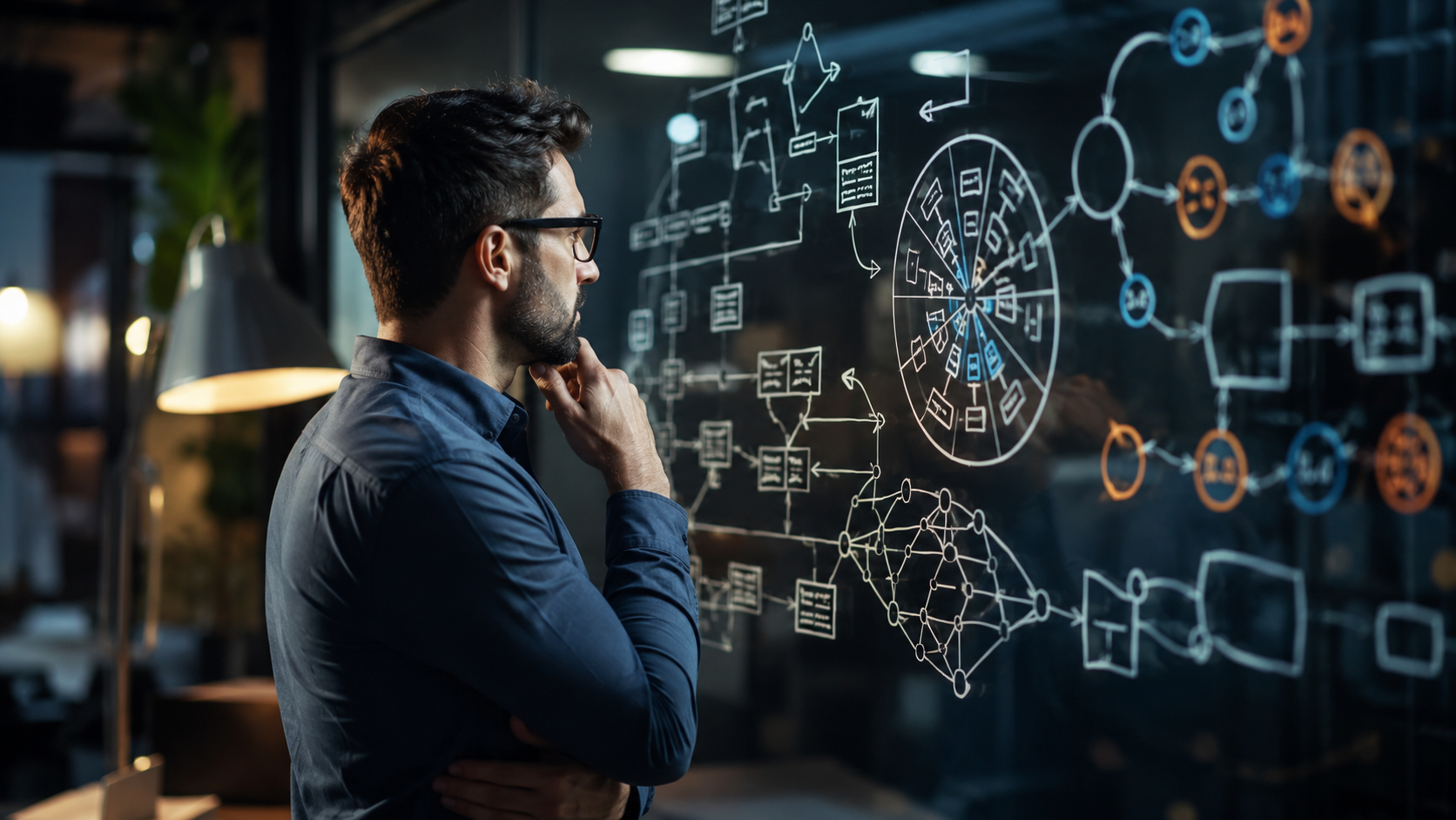 شخص يفكر بتركيز أمام سبورة ذكية تحتوي على مخططات انسيابية متداخلة تمثل استراتيجية حل المشكلات بأسلوب منظم