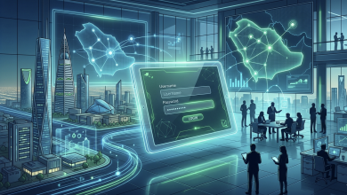 شاشة رقمية تفاعلية تستعرض واجهة التسجيل الآمنة لمنصة فرص بلدي الاستثمارية في السعودية مع خلفية معمارية حديثة ومخططات نمو اقتصادي بيانية
