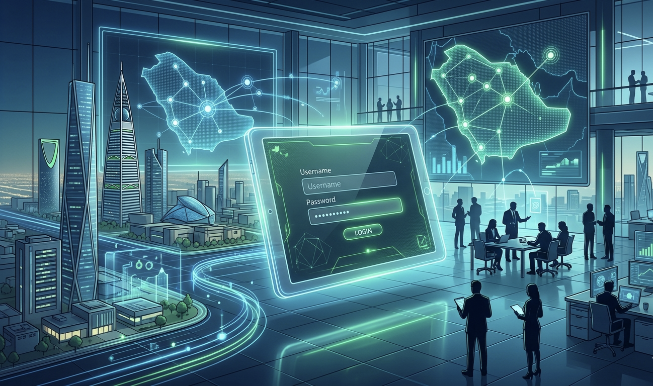 شاشة رقمية تفاعلية تستعرض واجهة التسجيل الآمنة لمنصة فرص بلدي الاستثمارية في السعودية مع خلفية معمارية حديثة ومخططات نمو اقتصادي بيانية