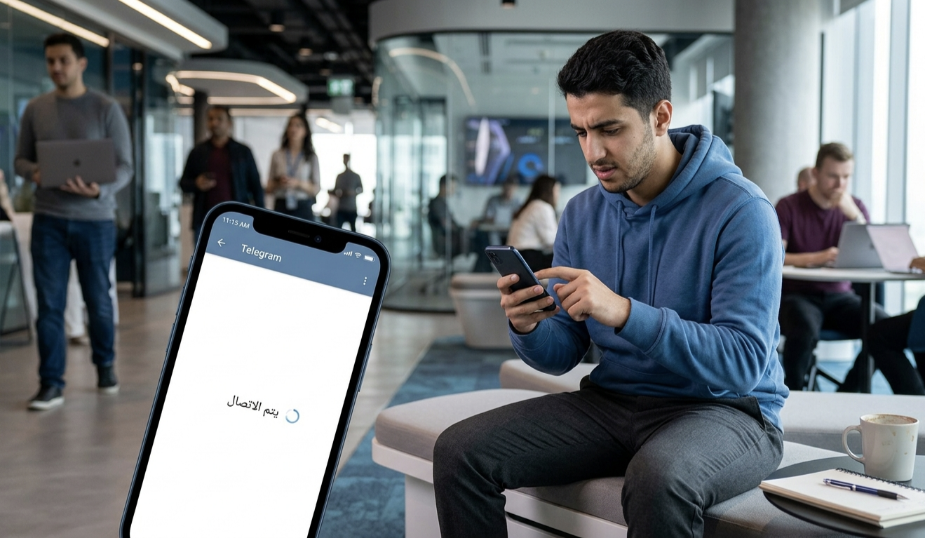 واجهة تطبيق تليجرام تظهر رسالة يتم الاتصال Connecting