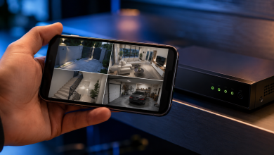 هاتف ذكي يعرض بثاً مباشراً لكاميرات مراقبة عبر تطبيق Hik-Connect بجانب جهاز تسجيل dvr متصل بالإنترنت ليوضح عملية ربط كاميرات المراقبة على الموبايل hikvision