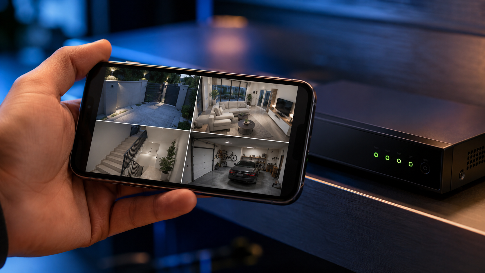 هاتف ذكي يعرض بثاً مباشراً لكاميرات مراقبة عبر تطبيق Hik-Connect بجانب جهاز تسجيل dvr متصل بالإنترنت ليوضح عملية ربط كاميرات المراقبة على الموبايل hikvision