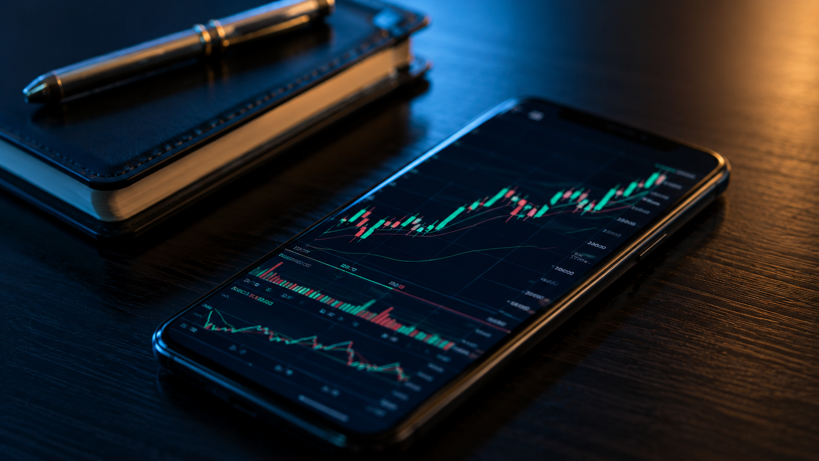 واجهة تطبيق تداول مالي على شاشة هاتف ذكي تعرض رسوماً بيانية لشموع يابانية ومؤشرات فنية مثل السوبر ترند لتحليل التداول قصير المدى.